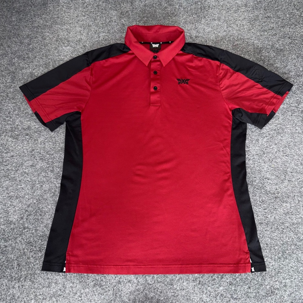 PXG Parsons Xtreme Golf Mens Large Red Black Colorblock Polo Shirt Performance